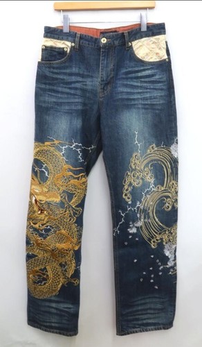 Karakuri Tamashii 絡繰魂 Denim Jeans Pants Embroidered Gold Dragon 36