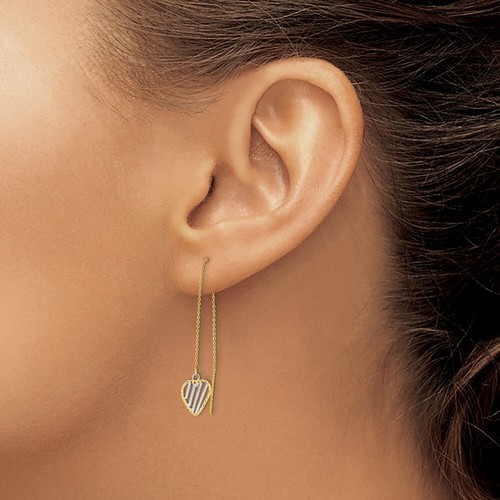 14k Yellow Gold & Rhodium Polished Satin and Diamond-Cut Heart Threader Earrings - Picture 3 of 4