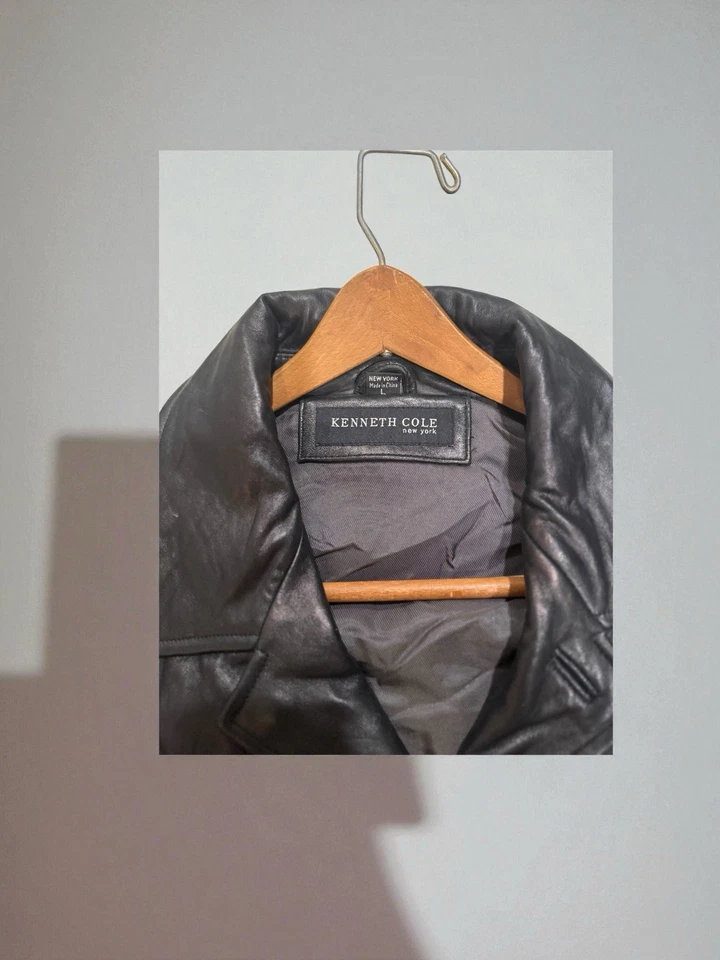 Мужская черная кожаная куртка Kenneth Cole New York размер большой 3 пуговицы - Изображение 2 из 4