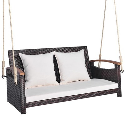 Patio Rattan Porch Swing 2-Person Hanging Chair Cushioned Loveseat for Backyard