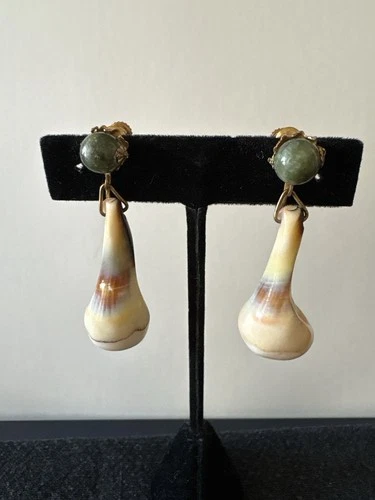 Vintage Miriam Haskell Shell Drop Earrings Green Cabochon Gold Tone Clip On