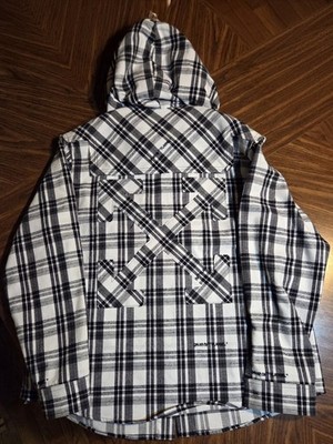 Off-White Flannel Hooded Jacket Button Closure Black/white SzSmall (Fits Large)