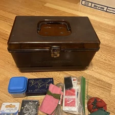 VINTAGE 1950S BROWN FLORAL TRANSPARENT PLASTIC SEWING BOX STUFFED RARE SUPPLIES