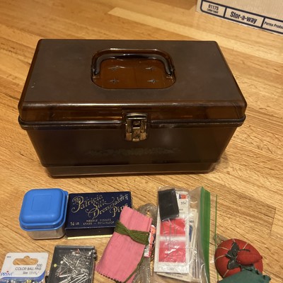 VINTAGE 1950S BROWN FLORAL TRANSPARENT PLASTIC SEWING BOX STUFFED RARE SUPPLIES