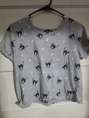 La Luna gray crop top black cat short sleeve top shirt size L