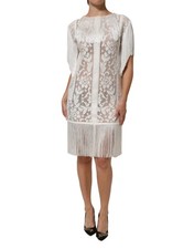 Dolce & Gabbana White Floral Lace Fringe Knee Length Women's Dress Authentic