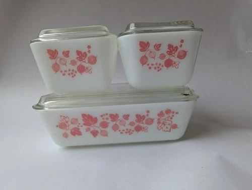 4 Vintage Pink Gooseberry Pyrex Refrigerator Dish Set w Lid 501 (2), 502, 503