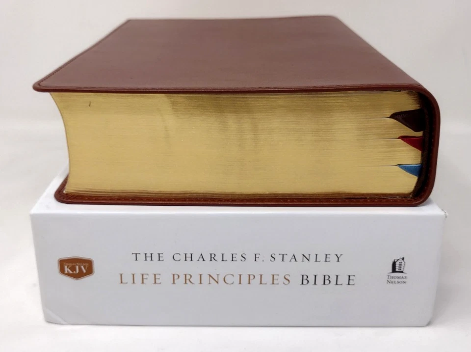 KJV Charles Stanley Life Principles Bible Second Indexed Brown GENUINE LEATHER - Image 4 of 4