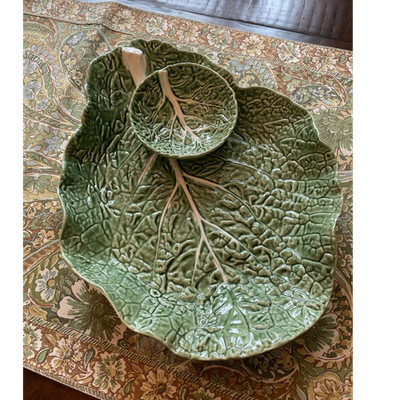 Bordallo Pinheiro Caldas Da Rainha Green Cabbage Chip /Veggie & Dip 15x12 