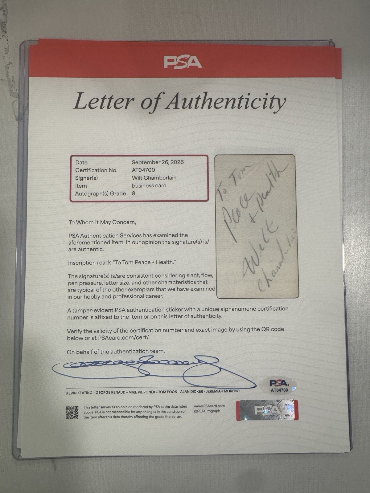 Wilt Chamberlain Signed Business Card. PSA Grade 8. Signed To Tom Peace + Health view 3