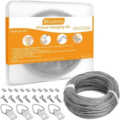 Blisstime Picture Hanging Kit - 100 Feet Braided Wire, 60 Pcs Silver