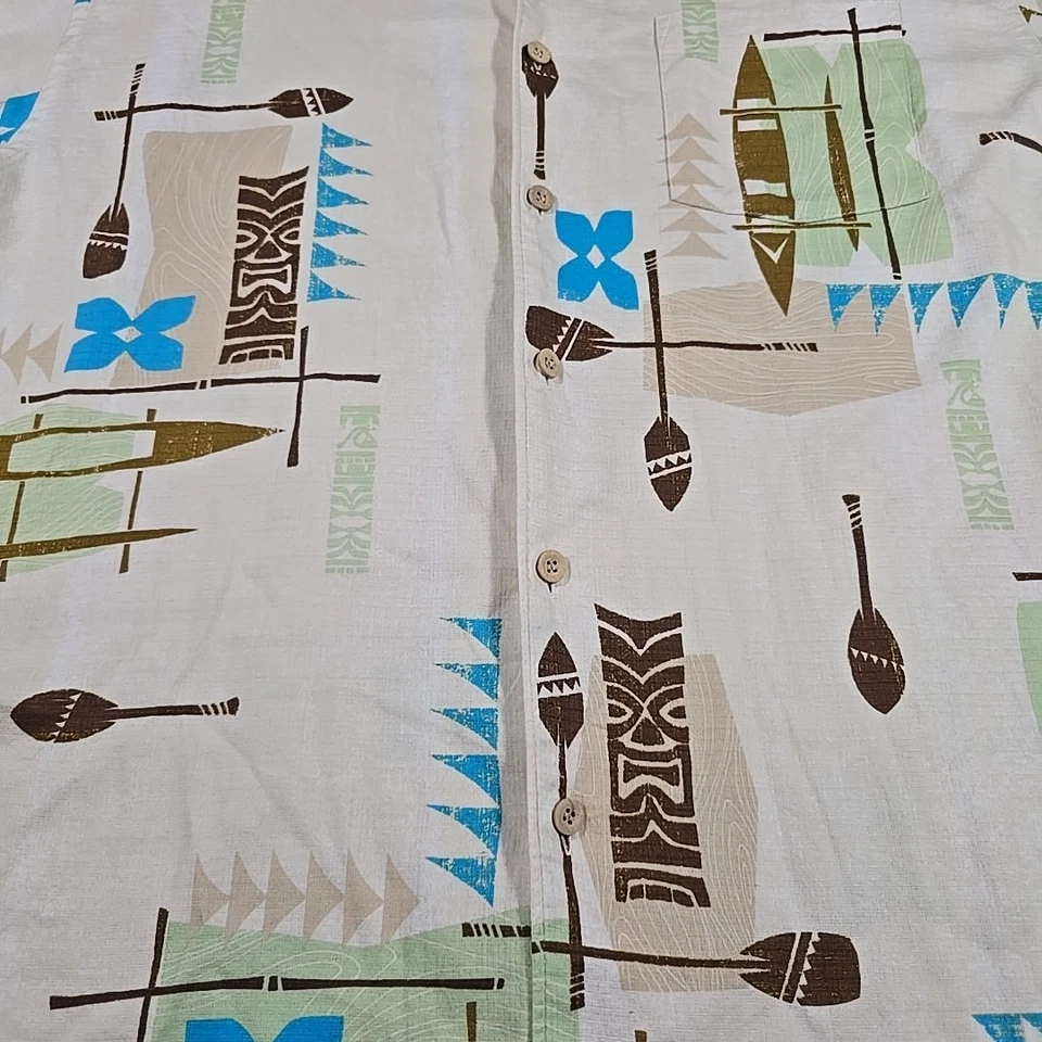 Quiksilver Waterman Shirt Mens Large Surf Camp Beach Tiki Mask Boat Paddle - Image 4 of 4