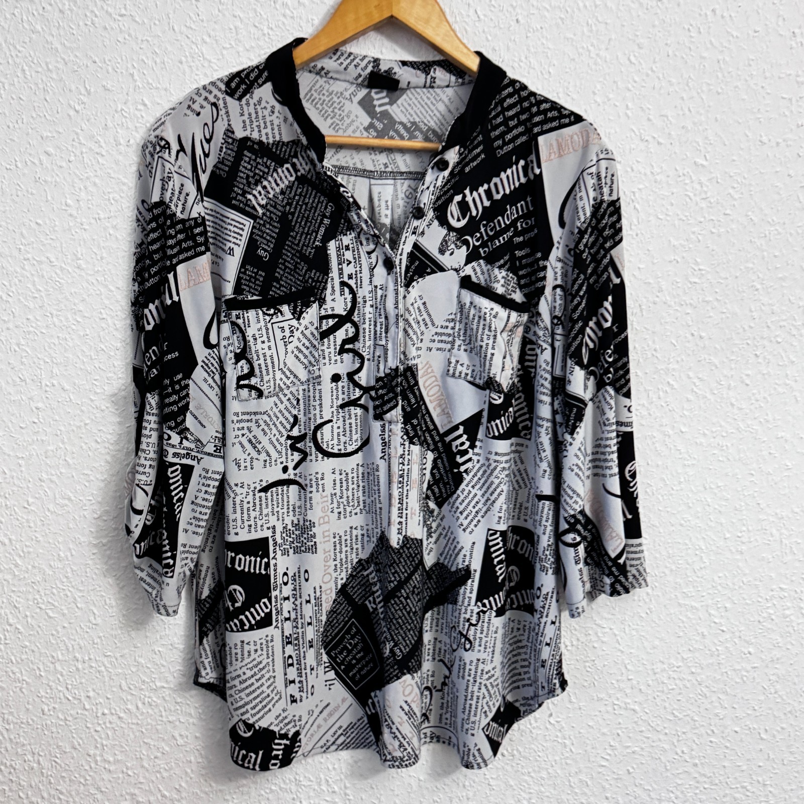 Darex Newspaper Print Button Up Blouse - Black & White image 2