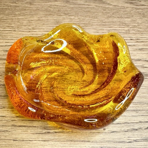 Vintage Fenton Amber Swirl Glass Ashtray Trinket Dish Mid Century MCM Art Glass