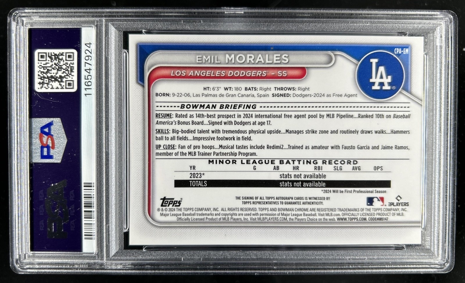 2024 Bowman Chrome Emil Morales Auto Orange Shimmer Refractor 1st #/25 PSA 9 view 2