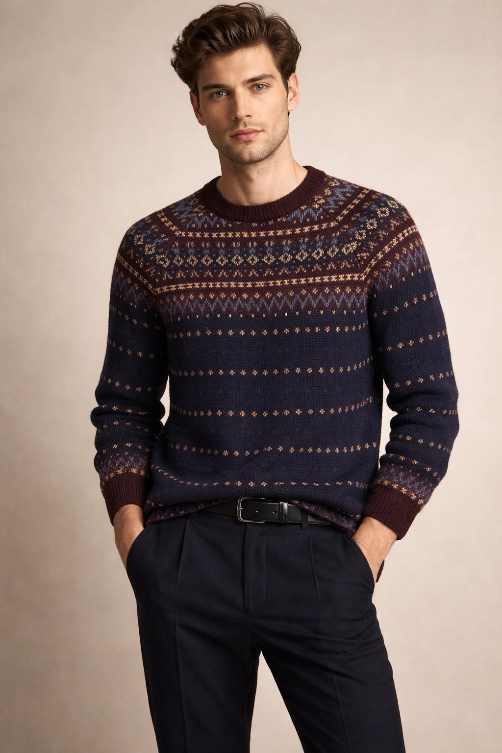 Roberto Collina Mens Fair Isle Nordic Sweater 100% Wool Knit Long Sleeve Brown M