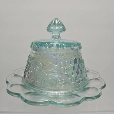 RARE! ICE BLUE Mosser Carnival Glass Grape & Cable ROUND COVERED Butter Dish!