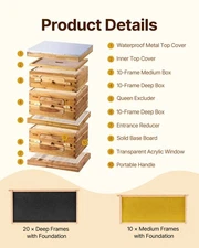 New Bee Hive 30 Frame Bee Hives Starter Kit, Beeswax Coated Fir Wood, 2 Deep +