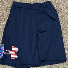 Under Armour Boys Athletic Shorts Navy Solid USA Logo Loose Fit Size YLG