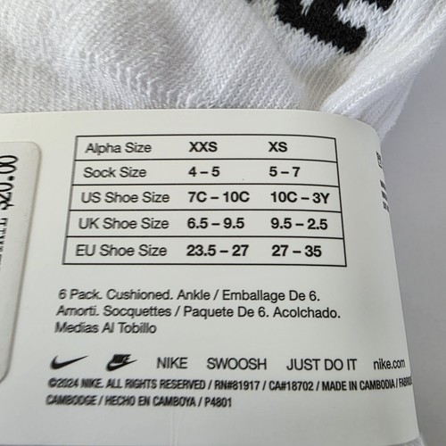 nike youth 10c-3y dri fit 6 pair cushioned ankle socks white w/black swoosh - Picture 7 of 9