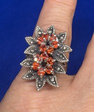 X2 Vintage Orange Red Ruby Garnet 925 Silver Ring size 7.75 BOHO 1950s Statement