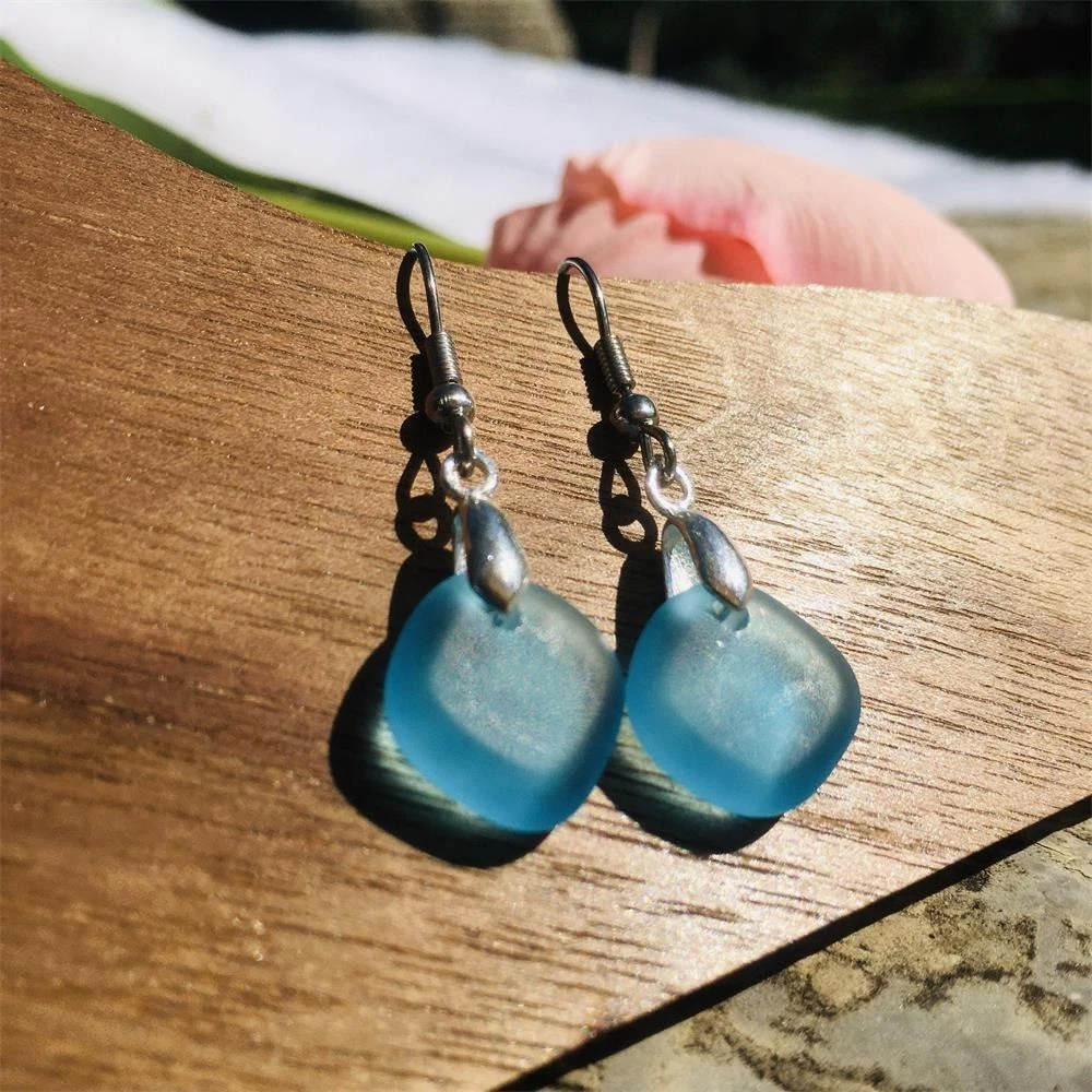 Beach Glass Sea Glass Earrings Stainless Steel Sea Glass Pendant
