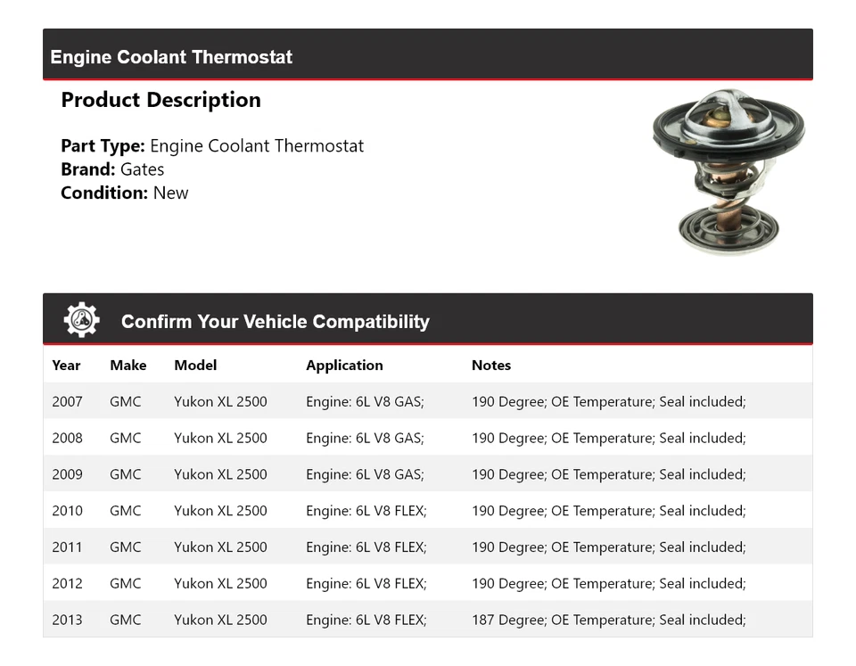 Para GMC Yukon XL 2500 2007-2013 Motor Refrigerante Termostato Puertas 2008 2009 2010 Foto 2 de 4