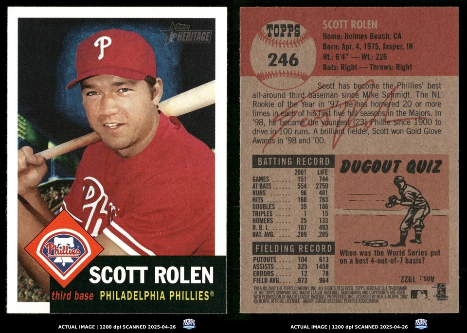 2002 Topps Heritage  #246 Scott Rolen Night - Image 3 of 3