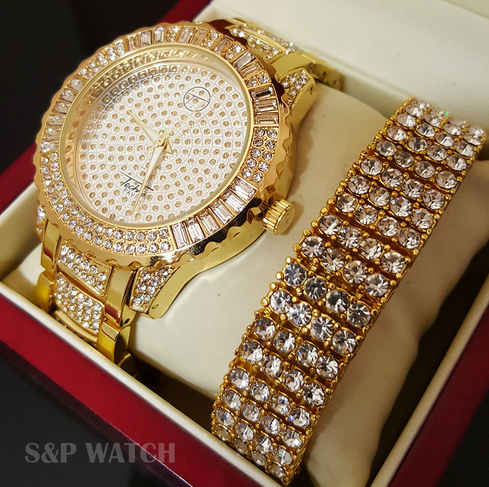 Men Hip Hop Iced Bling Gold Tone Crystal WATCH & CZ STONES Men Hip Hop Iced Bling Gold Tone Crystal WATCH & CZ STONES