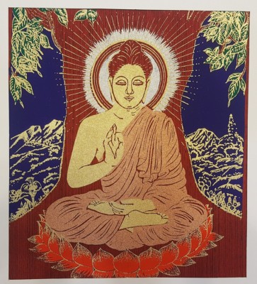 Lord Buddha Sat BODHI TREE Thai Art Silk Painting Poster Print Asian Home Deco