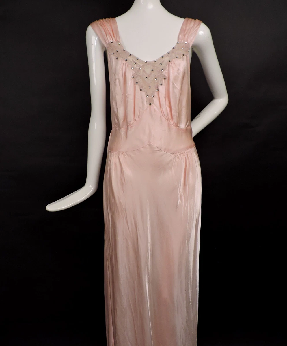 GLAMOUR 1930 S SLINKY PINK SATIN LONG DRESS W RHINESTONE ENCRUSTED