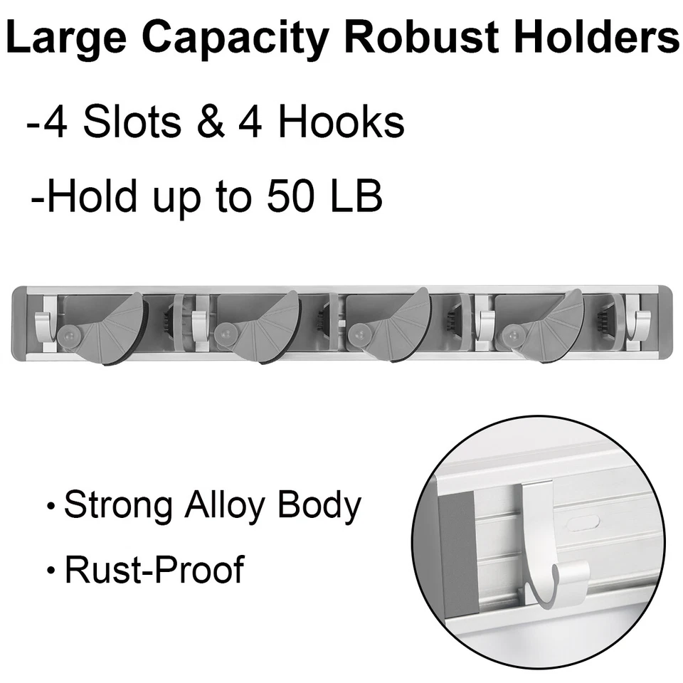 Soporte para escoba fregona montaje en pared jardín cocina herramientas organizador 4 ranuras 4 ganchos colgador Foto 2 de 4