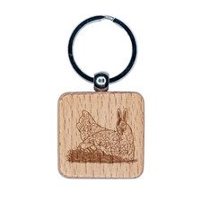 Easter Bunny Hen Laying on Eggs Holiday Chicken Engraved Wood Square Keychain