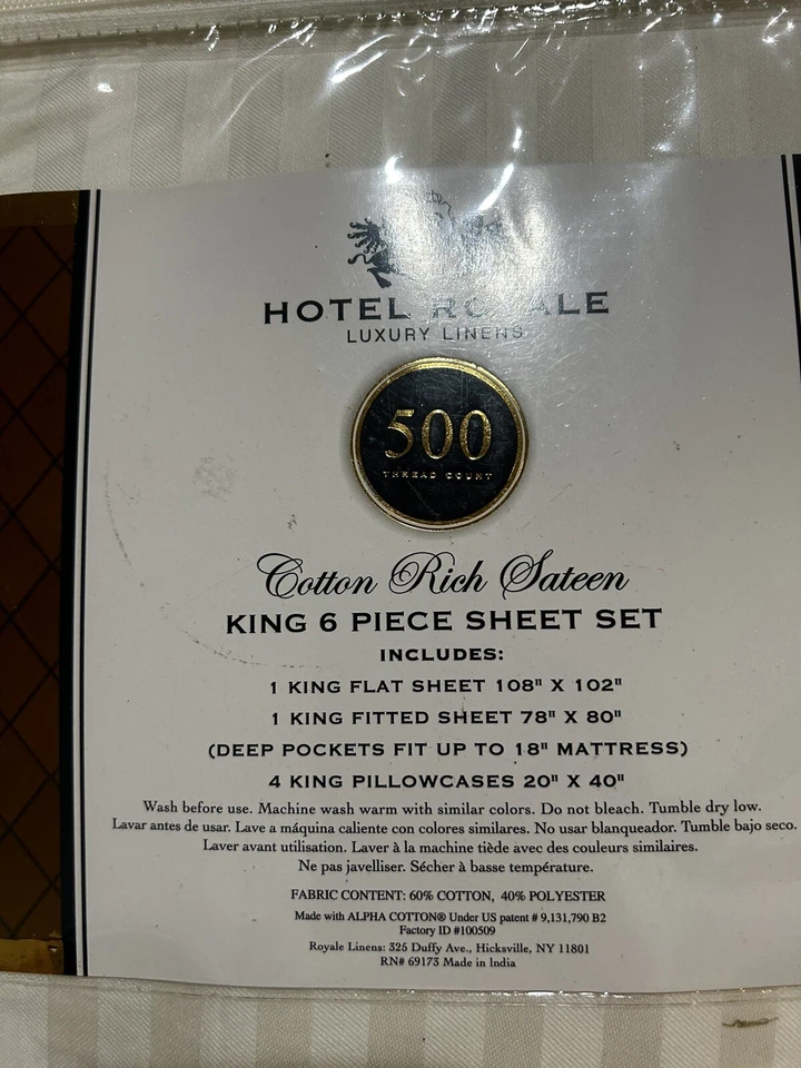 Juego de sábanas Hotel Royal algodón rico satén tamaño king 6 piezas rayas blancas 500 TC Foto 3 de 4