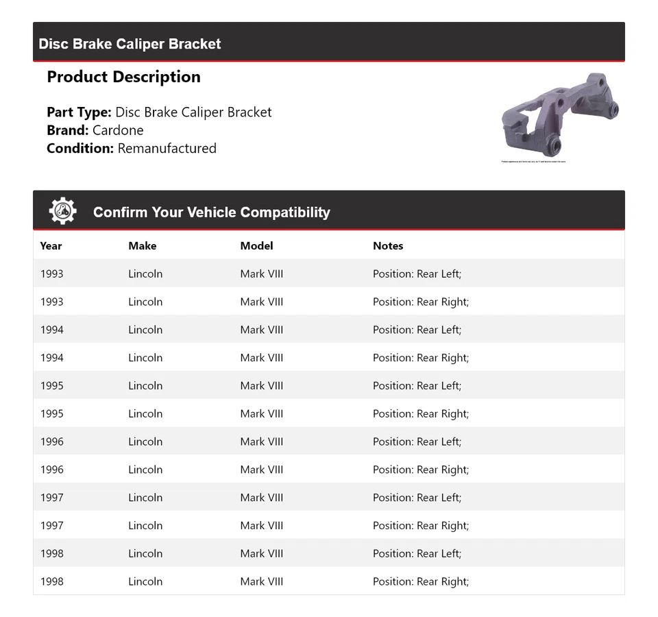 Soporte de pinza de freno de disco Cardone 1994 1995 para Lincoln Mark VIII 1993-1998 Foto 2 de 4