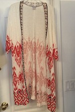 Chicos Beach Comber Sweater Cardigan Kimono Size 2 L Ikat Flame Scarlet