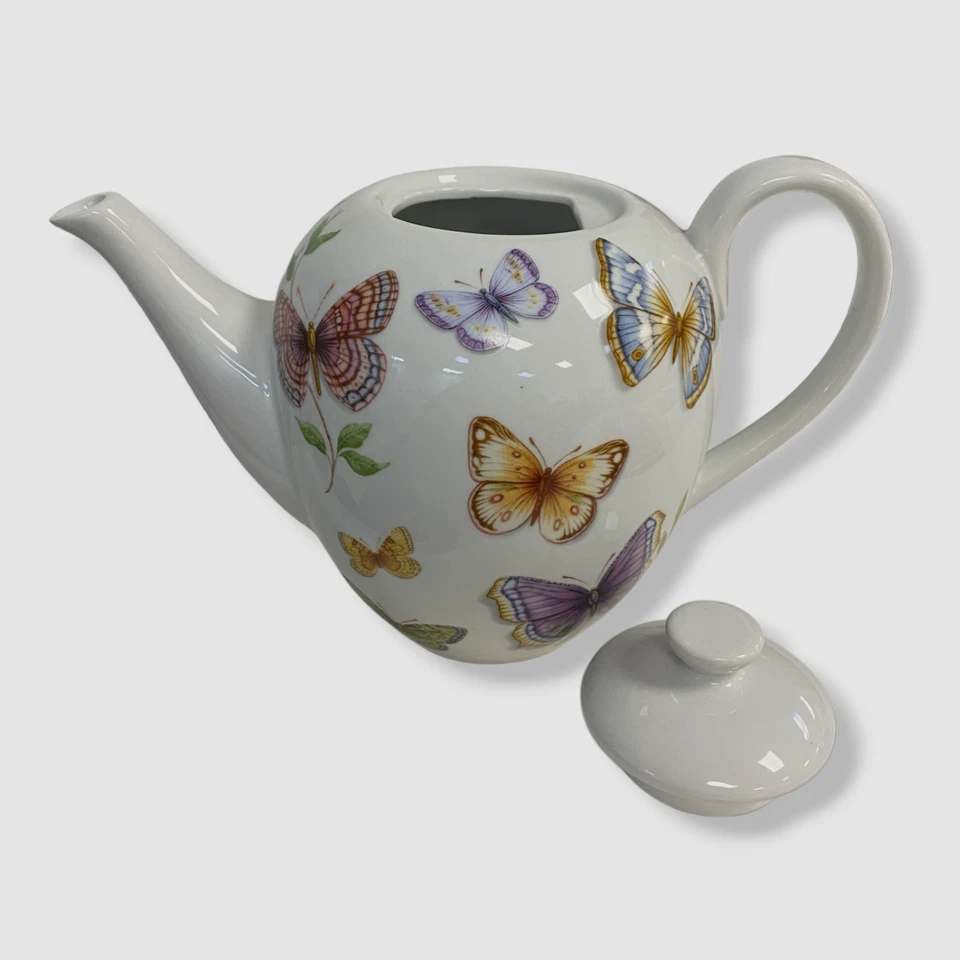 $43 Neiman Marcus White Multicolored Porcelain Butterfly Patterned Teapot - Image 3 of 4