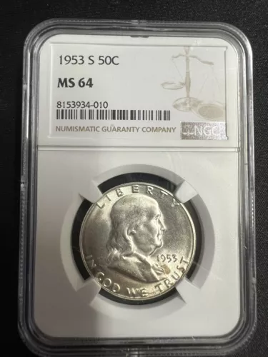 1953-S  50C  FRANKLIN SILVER HALF DOLLAR MINT STATE NGC MS64