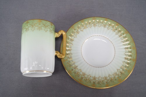 Delinieres Limoges Green & Gold Scrollwork Chocolate Cup & saucer C. 1894 - 1900 - Picture 2 of 12