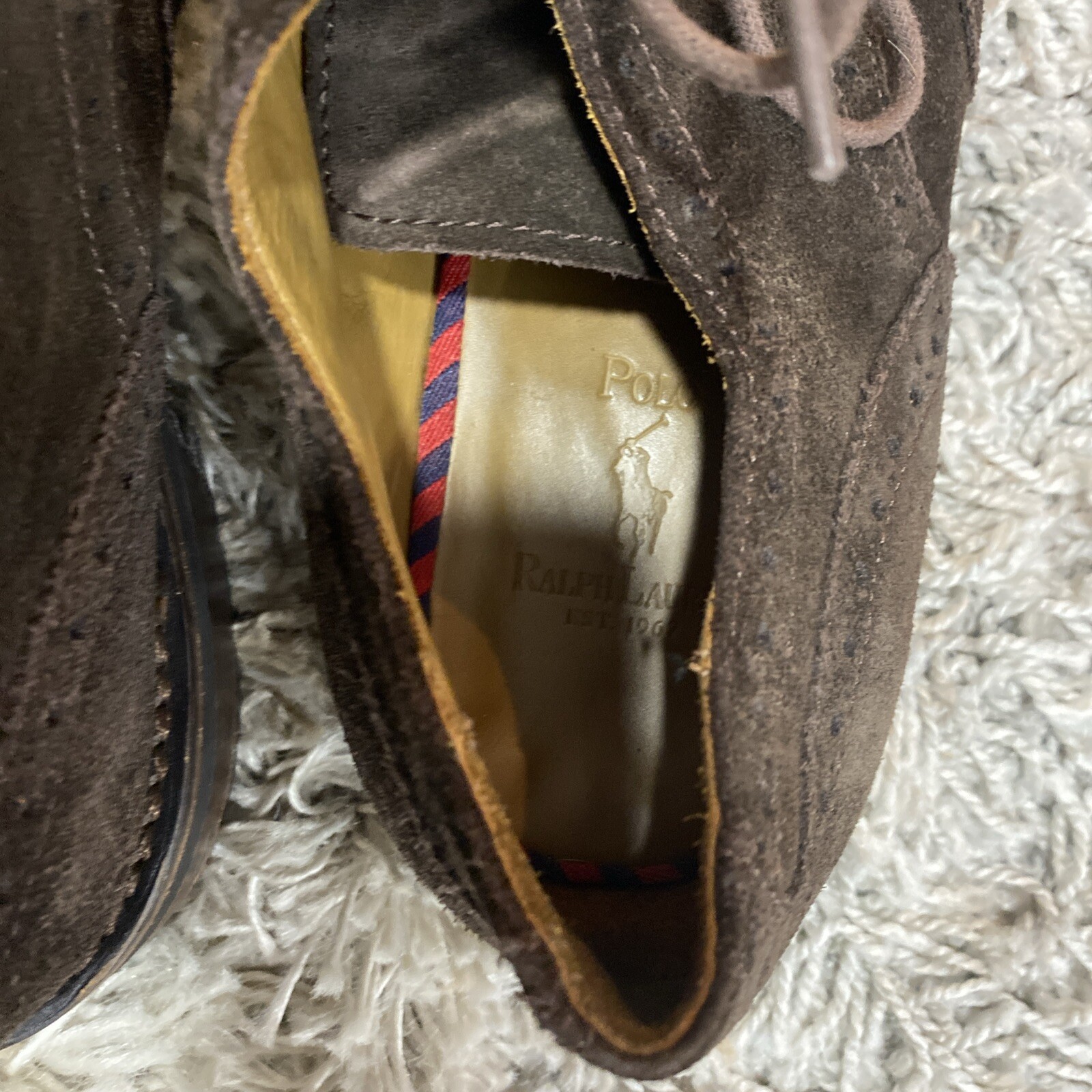 SAOLA Ralph LAUREN uomo NORBECK PUNTA ALARE CAMOSCIO MARRONE SCURO TAGLIA 9D