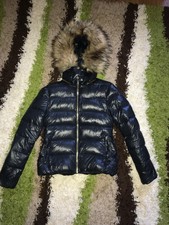 Ladies Size M Zara Navy Quilted Padded Down Feather Puffer Jacket Coat Fur Hood