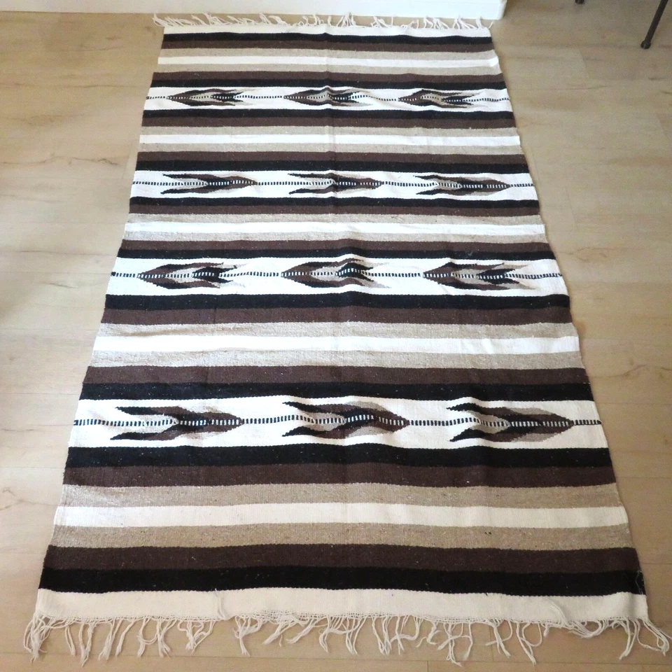 Cobertor listrado mexicano tecido à mão vintage franja lance duplo 78′′x46" feito no México - Imagem 2 de 4