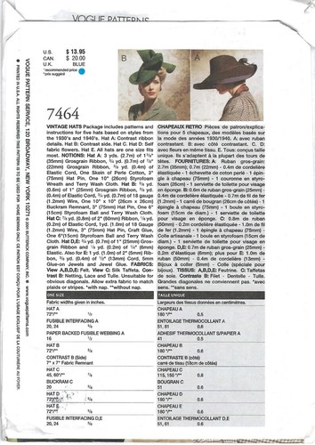 Vogue Sewing Pattern 7464, 5 Vintage Hats, One Size, Uncut - Picture 2 of 2