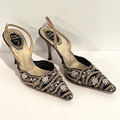 NEW RENE CAOVILLA black beige embroidered slingback heels Italian