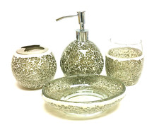 NEW WEST LAKE 4 PC OLIVE GREEN GLASS MOSAIC SPHERE SOAP DISPENSER+TOOTHBRUSH+2