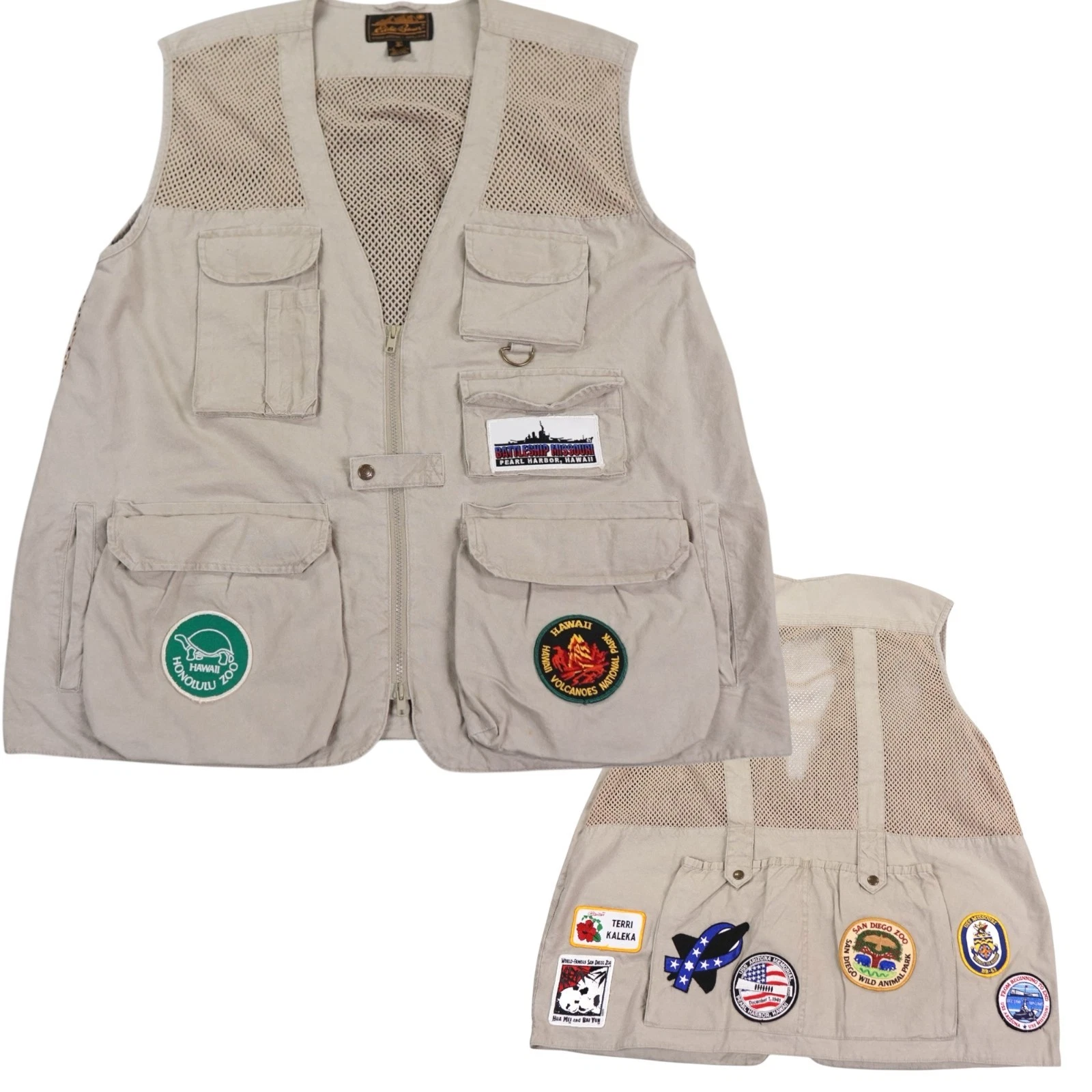 VTG Eddie Bauer Travel Utility Vest Mens XL Cargo Camp Fishing Patches Hawaii