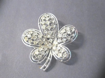Vintage 2'' Silver Tone Rhinestone 5 Leaf Brooch with Stem