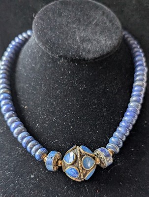 Lapis Lazuli 17'' Necklace 14kgf Toggle Finding with Tibetan Bead Handcrafted