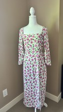 NWT ZARA Floral Print Square Neck Midi Dress Pink White Long Sleeve M