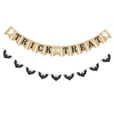 Trick or Treat Burlap Banner with Glitter Bat Garland Happy Halloween Black